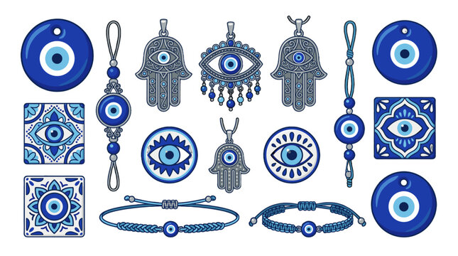 Blue evil eye amulets and hamsa symbols decorative vector set