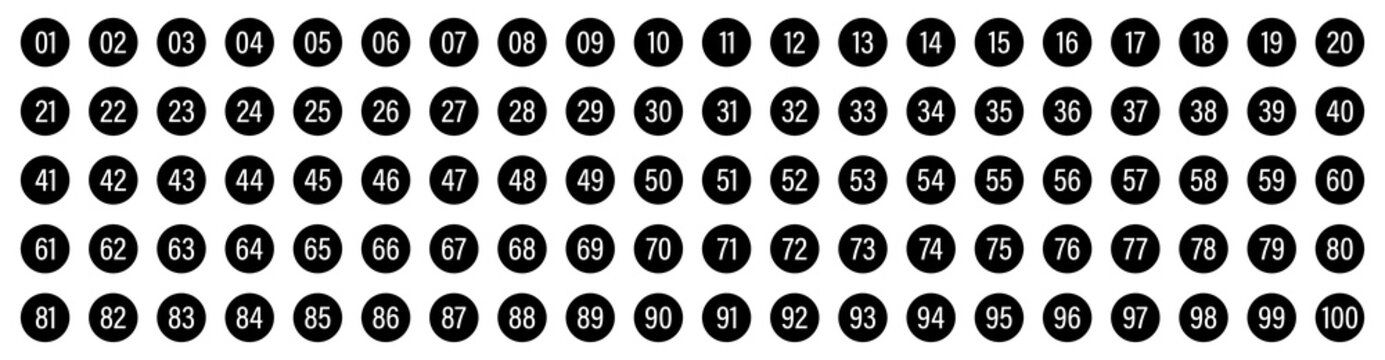 Simple bullet point number icon set. Number circle icon collection from 01 to 100, counting labels, numeric badge set. Vector illustration of 100 black bullet point numbers icons.
