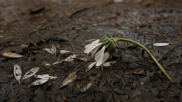 A trampled wildflower lying crooked on the ground with petals scattered in mud.
