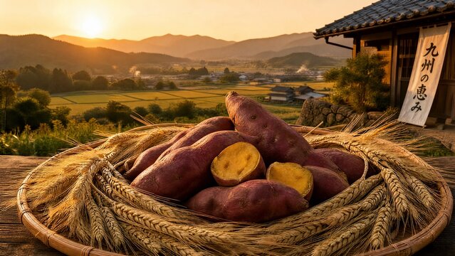 Barley ears and sweet potatoes arranged in a circle before a golden hour countryside.