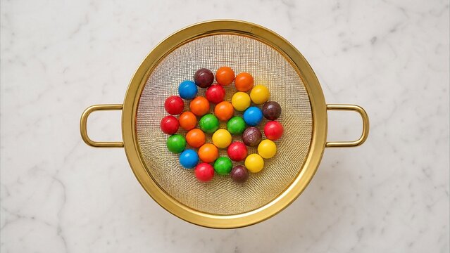 Golden sieve filtering colorful candy, leaving only spherical ones on top.