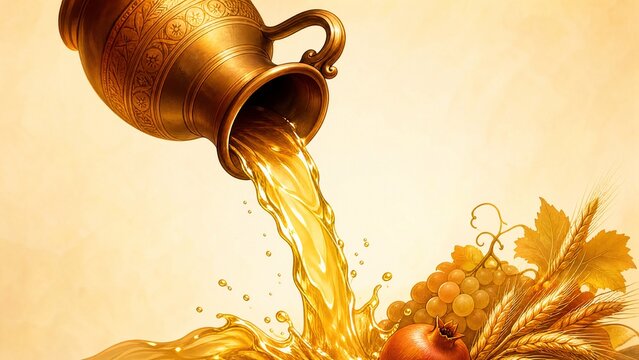 Upside-down flagon pouring golden liquid, symbolizing harvest abundance.