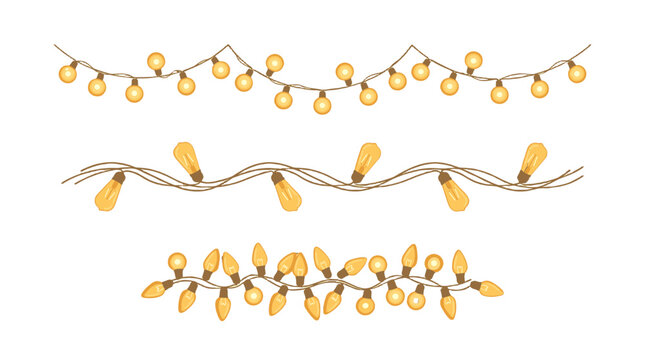 Set of glowing string light garlands isolated on white