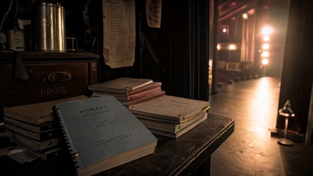 A table in the wings of a stage, stacked with bound scripts under dramatic lighting.