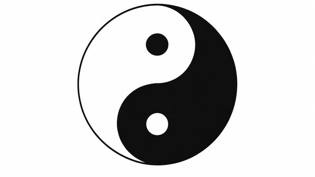 A black and white circular yin-yang symbol in a clean, minimalist geometric design.