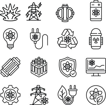 Atomic Energy and Nuclear Power Industry Vector Icon Set featuring Science Research, Radiation Safety, Sustainable Electricity, Innovation, Nuclear Reactor Components, and Green Energy.