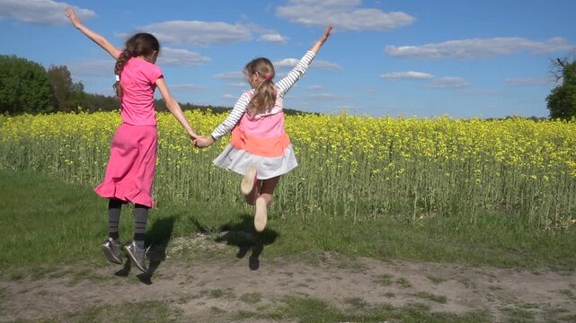 Two beautiful little sisters cheerfully jumping up
