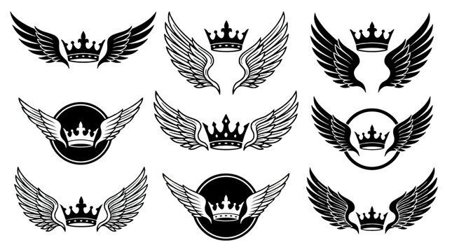 Set of black winged crown emblem vector designs
