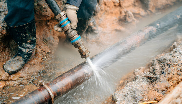A worker uses a high-pressure water jet to clear a clogged sewer pipe.