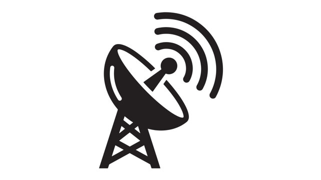 Satellite Dish Icon with Wireless Signal Waves, Black and White Broadcast Technology Symbol for Connectivity