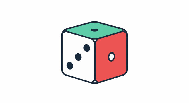 A three-sided die shows a one, a three, and a six, with different colored faces