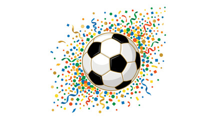 Fototapeta premium Soccer ball exploding with colorful confetti background.