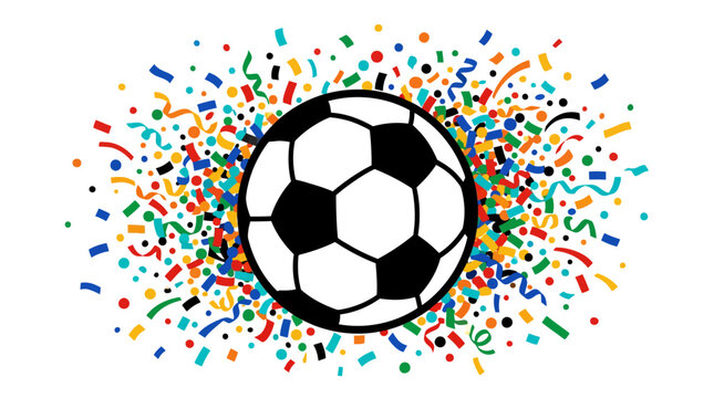 Soccer ball illustration with vibrant colorful confetti explosion.