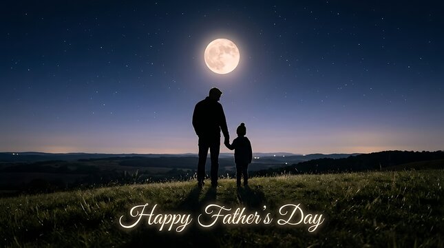 Silhouette of father and child holding hands under a full moon on fathers day celebration