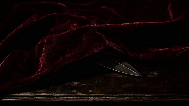A dagger concealed under velvet cloth, its blade edge visible in the shadows.