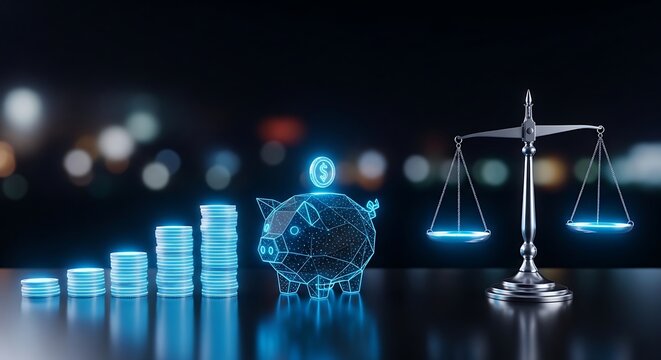 Digital piggy bank and scales of justice with glowing coin stacks for financial planning and legal balance concepts in modern virtual environment