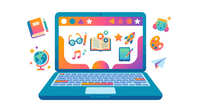 Educational laptop with colorful icons and school symbols.