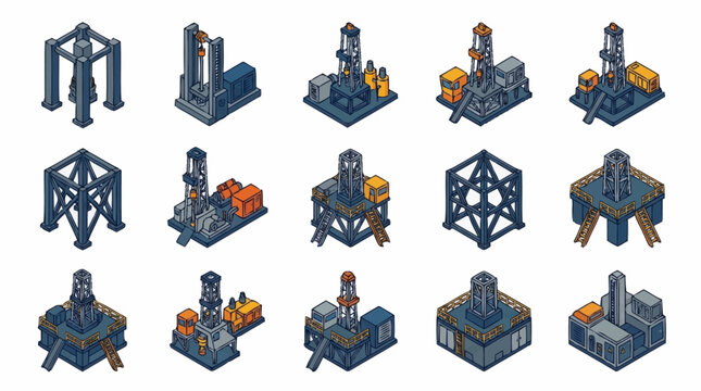 Set of isometric oil and gas drilling rig icons for industrial design.
