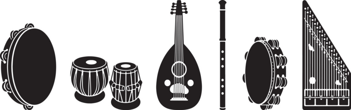 Traditional Middle Eastern Arabic Musical Instruments Vector Icon Set