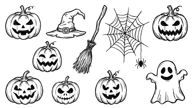 Hand drawn Halloween doodles with pumpkins ghost web and broom