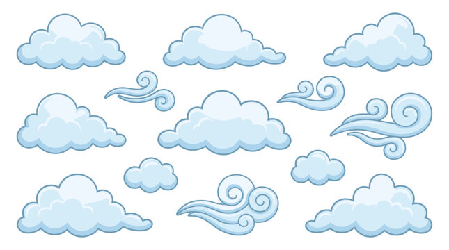 Set of blue cartoon clouds and swirling wind elements