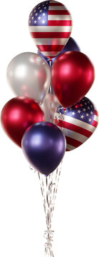 Balloon bouquet in American flag colors isolated on a transparent background. Realistic balloons for Independence Day, Flag Day, Memorial Day and patriotic celebrations.