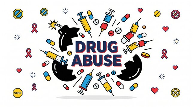 Drug abuse awareness concept with medical syringes pills and exploding bomb illustration