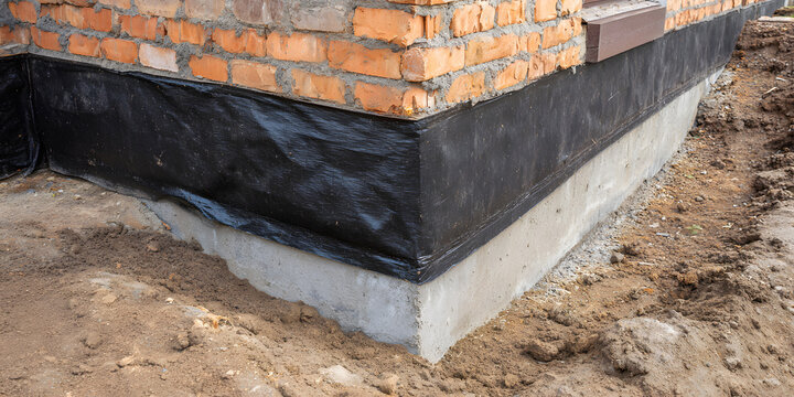 The corner of the brick foundation for a new or existing home features an exterior waterproofing membrane applied over the concrete base. A black protective layer prevents water and moisture from caus