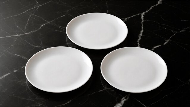 Three white ceramic plates arranged in an equilateral triangle on a black marble tabletop, studio lighting.