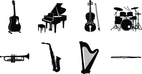Musical Instruments Silhouette Collection Vector Illustration Featuring Guitar Piano Violin Drums Trumpet Saxophone Harp and Flute © Rubina