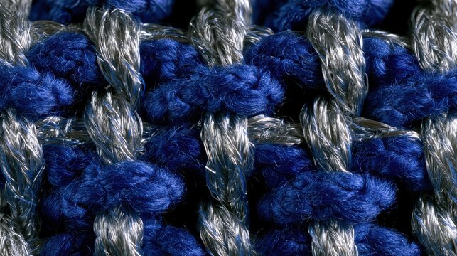 Macro view of precisely engineered interlocking geometric matrix from tight Royal Blue cashmere crochet stitches and silver threads. Intricate corporate strategy concept high-end lighting.