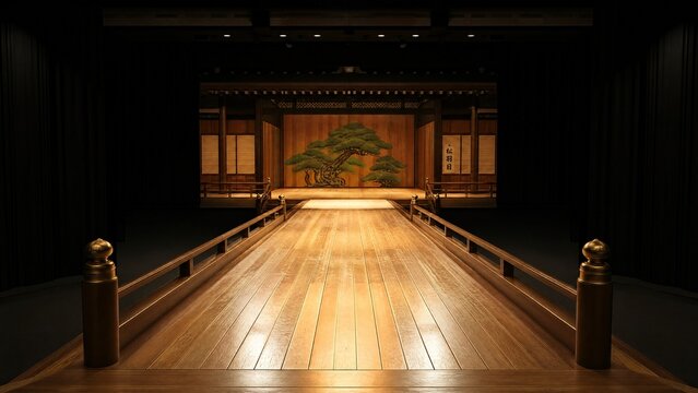 Polished wooden runway of a kabuki stage extending forward, flanked by black curtains.