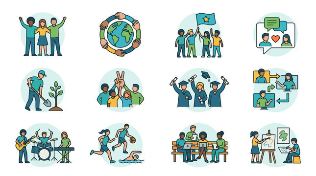 Diverse People Engaging in Activities and Environmental Care Icon Set