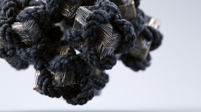 Macro view of complex 3D braided structure from charcoal cashmere and precious silver threads forming geometric interlocking cubes gracefully floating in clean minimalist space.