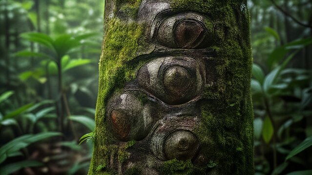 Rainforest tree trunk with knobby bark scars and green moss.