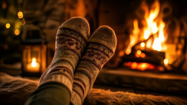 Wool socks basking in warm firelight, evoking a cozy winter evening.