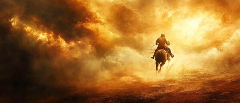 Horse rider galloping through golden dust dramatic sunset landscape