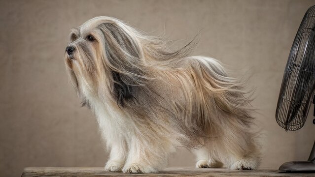 A Tibetan terrier enjoying a gentle breeze from a cooling fan, its fur softly ruffled against a neutral backdrop.