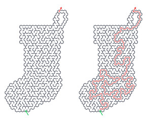 Winter holiday labyrinth printable maze in Christmas stocking shape for kids activity and educational problem solving concept illustration on white background