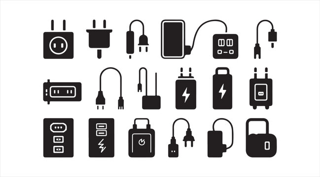Modern Charging Accessories Icon Pack with Power Plugs, USB Connectors and Device Charger Symbols