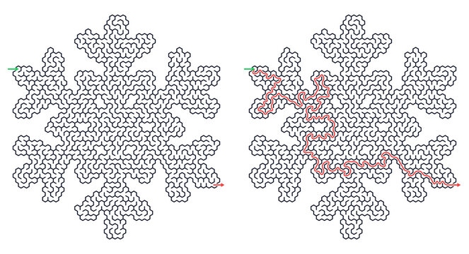 Snowflake maze puzzle sheet with solution for winter holiday activity and educational game for kids to develop logic and problem solving skills