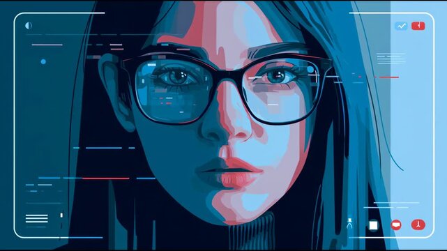Real-time deepfake technology alters a virtual interaction with a user engaged in conversation through an illustrated interface.