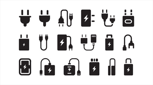 USB Charging Cable and Power Plug Icons Collection for Mobile Devices and Electronic Accessories