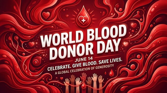 Vibrant world blood donor day poster with hands and blood drop illustration celebrating generosity and saving lives