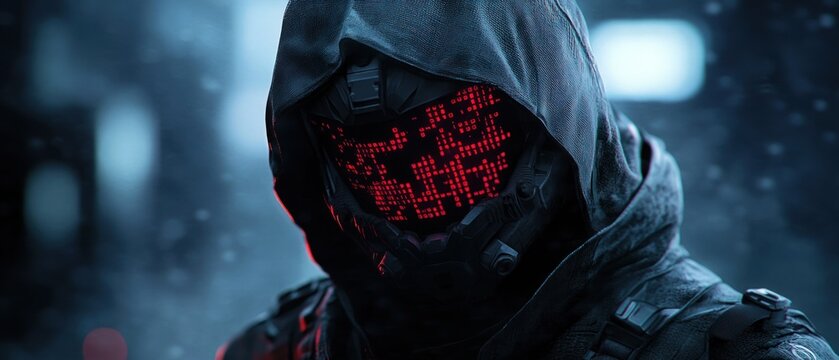 Futuristic figure in hooded cloak and red digital helmet close up view
