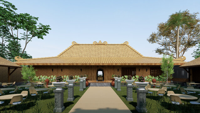Joglo House design, a traditional Central Javanese house, Indonesia. 3D rendering