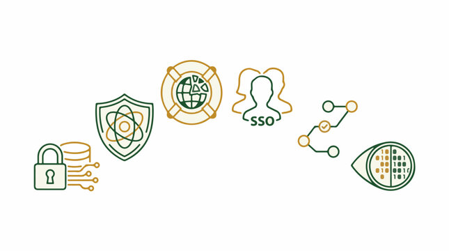 Set of cybersecurity and data protection icons featuring a padlock shield globe user profile and binary code in a minimalist line art vector style