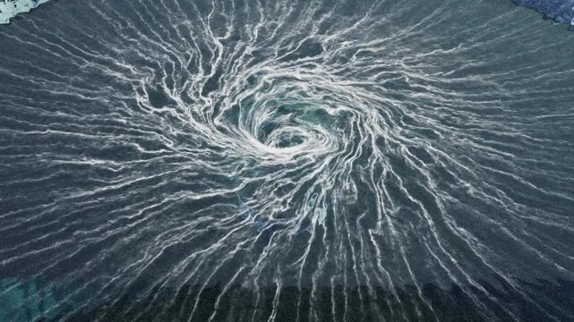 Close up of the beginning of a water vortex which starts slowly and accelerates until the arrival of a hole in center on a black floor
