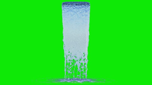 Front view of Flowing Water with a Large Flow from a short surface source to the ground on a perfect green background