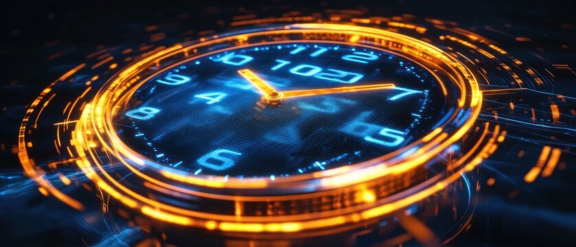 Futuristic digital clock displaying time with glowing orange and blue elements